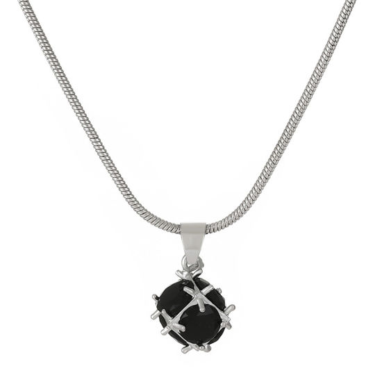 Picture of Brass Stylish Pendant Necklace Cube Platinum Plated Black Cubic Zirconia 45cm(17 6/8") long, 1 Piece                                                                                                                                                          