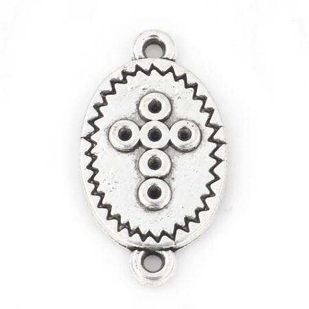 Immagine di Lega di Zinco Religione Connettore Ovale Argento Antico Croce 19mm x 11mm , 50 Pz