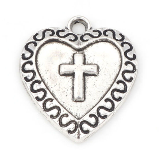 Bild von Zinklegierung Religiös Charms Herz Antiksilber Kreuz 19mm x 16.5mm, 50 Stück