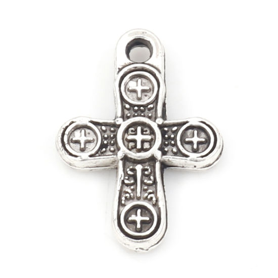 Bild von Zinklegierung Religiös Charms Kreuz Antiksilber 14mm x 10mm, 50 Stück