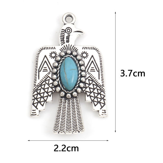 Picture of Zinc Based Alloy Boho Chic Bohemia Pendants Antique Silver Color Green Blue Thunderbird With Resin Cabochons Imitation Turquoise 3.7cm x 2.2cm, 5 PCs