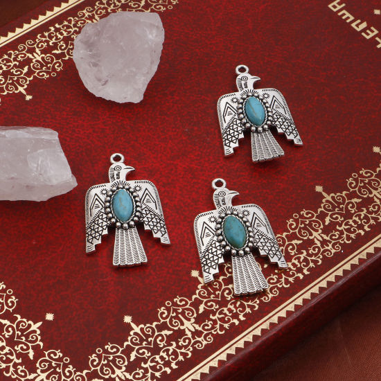 Picture of Zinc Based Alloy Boho Chic Bohemia Pendants Antique Silver Color Green Blue Thunderbird With Resin Cabochons Imitation Turquoise 3.7cm x 2.2cm, 5 PCs