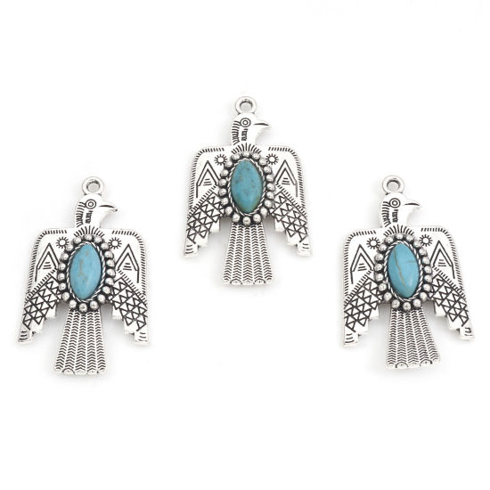 Picture of Zinc Based Alloy Boho Chic Bohemia Pendants Antique Silver Color Green Blue Thunderbird With Resin Cabochons Imitation Turquoise 3.7cm x 2.2cm, 5 PCs