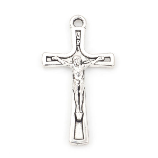 Picture of Zinc Based Alloy Religious Charms Antique Silver Color Cross Jesus 28mm x 15mm, 50 PCs