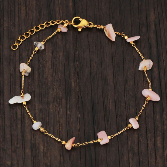 Immagine di 304 Acciaio Inossidabile Stile Bohemien Braccialetti Oro Placcato Rosa Chiaro Scheggia di Perle 19cm Lunghezza, 1 Pz