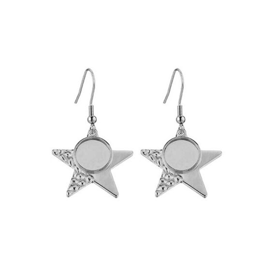 Picture of 304 Stainless Steel Splicing Earring Accessories Pentagram Star Silver Tone Texture Cabochon Settings (Fits 12mm Dia.) 30mm x 20mm, Post/ Wire Size: (21 gauge), 5 PCs