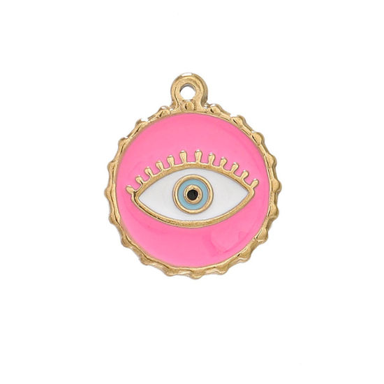 Изображение 304 Нержавеющая Сталь Подвески Круглые Позолоченный Злой Глаз С Эмалью 24мм x 22мм, 1 ШТ
