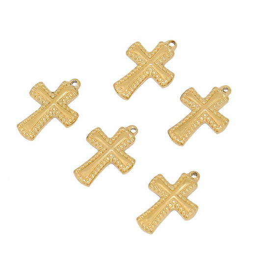 Image de Breloques en 304 Acier Inoxydable Croix Doré Gaufrage 19mm x 13mm , 1 Pièce