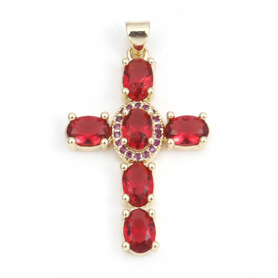 Image de 1 Pièce Pendentifs Religieux en Laiton & Zirconia Cubique Croix Plaqué Or Véritable 18K Fuchsia 4cm x 2.3cm