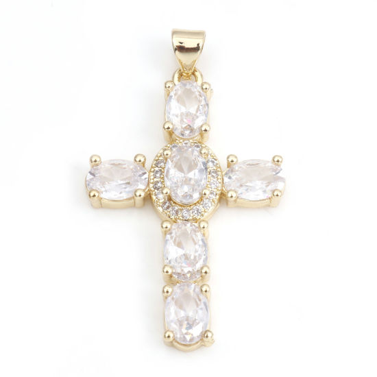 Image de 1 Pièce Pendentifs Religieux en Laiton & Zirconia Cubique Croix Plaqué Or Véritable 18K Transparent 4cm x 2.3cm