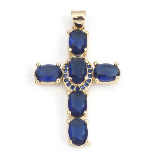 Image de 1 Pièce Pendentifs Religieux en Laiton & Zirconia Cubique Croix Plaqué Or Véritable 18K Bleu Foncé 4cm x 2.3cm