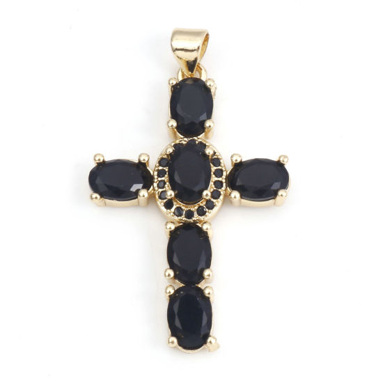 Image de 1 Pièce Pendentifs Religieux en Laiton & Zirconia Cubique Croix Plaqué Or Véritable 18K Noir 4cm x 2.3cm