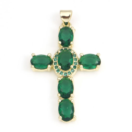 Image de 1 Pièce Pendentifs Religieux en Laiton & Zirconia Cubique Croix Plaqué Or Véritable 18K Vert 4cm x 2.3cm