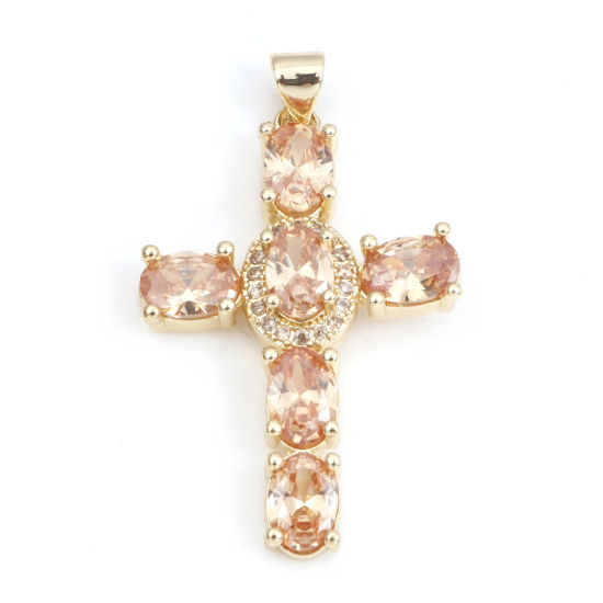 Image de 1 Pièce Pendentifs Religieux en Laiton & Zirconia Cubique Croix Plaqué Or Véritable 18K Champagne 4cm x 2.3cm