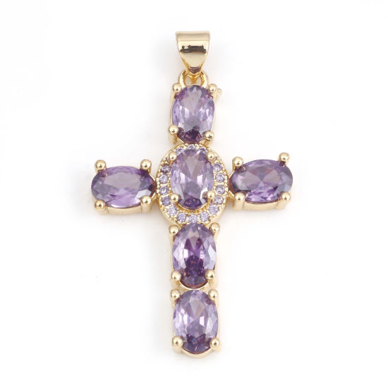 Image de 1 Pièce Pendentifs Religieux en Laiton & Zirconia Cubique Croix Plaqué Or Véritable 18K Violet 4cm x 2.3cm