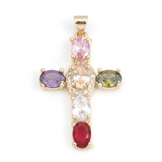 Image de 1 Pièce Pendentifs Religieux en Laiton & Zirconia Cubique Croix Plaqué Or Véritable 18K Multicolore 4cm x 2.3cm