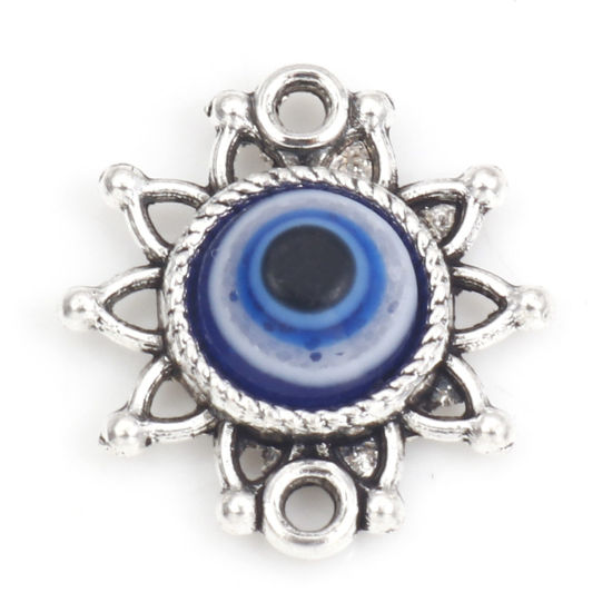 Picture of Zinc Based Alloy Religious Connectors Antique Silver Color Blue Flower Leaves Evil Eye With Resin Cabochons 15mm x 14mm, 10 PCs