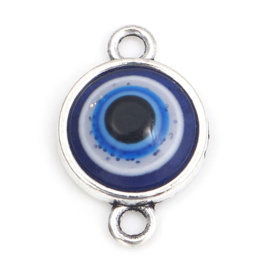 Picture of Zinc Based Alloy Religious Connectors Antique Silver Color Blue Round Evil Eye With Resin Cabochons 19mm x 12mm, 10 PCs