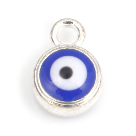 Picture of Zinc Based Alloy Religious Charms Antique Silver Color Blue Round Evil Eye With Resin Cabochons 9.5mm x 7mm, 10 PCs