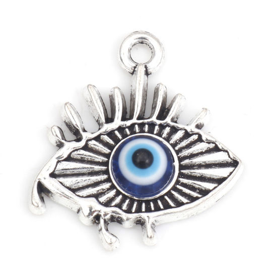 Picture of Zinc Based Alloy Religious Charms Antique Silver Color Blue Eye Evil Eye With Resin Cabochons 22mm x 21mm, 10 PCs