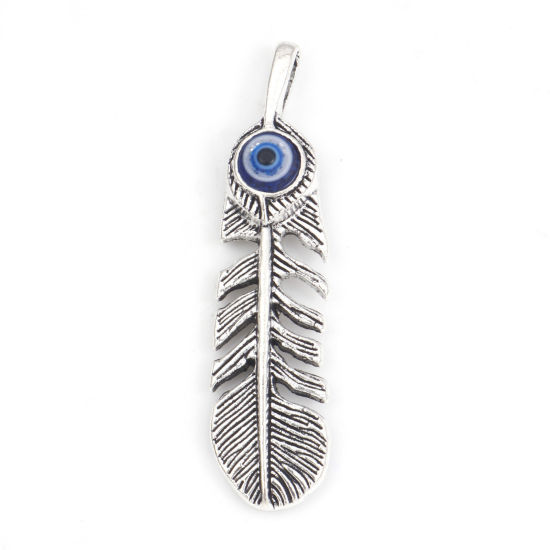 Picture of Zinc Based Alloy Religious Pendants Antique Silver Color Blue Feather Evil Eye With Resin Cabochons 4.9cm x 1.2cm, 10 PCs