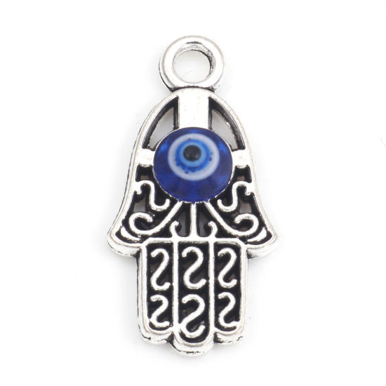 Picture of Zinc Based Alloy Religious Charms Antique Silver Color Blue Hamsa Symbol Hand Evil Eye With Resin Cabochons 26.5mm x 13mm, 10 PCs