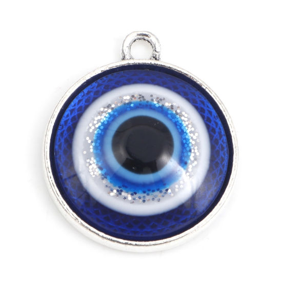 Picture of Zinc Based Alloy Religious Charms Antique Silver Color Blue Round Evil Eye With Resin Cabochons 24mm x 20mm, 10 PCs