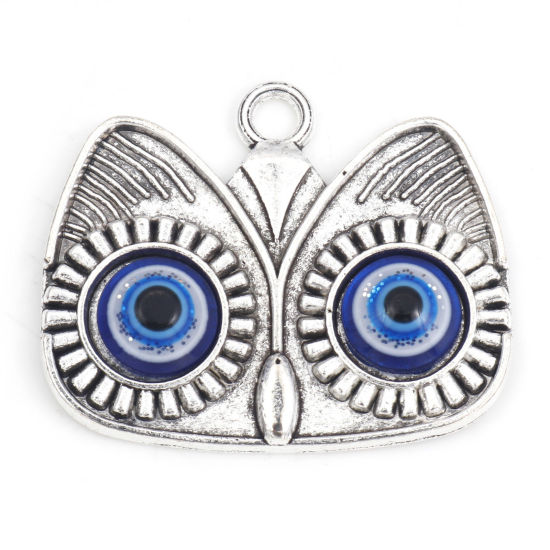 Picture of Zinc Based Alloy Religious Pendants Antique Silver Color Blue Owl Animal Evil Eye With Resin Cabochons 3.9cm x 3.3cm, 10 PCs