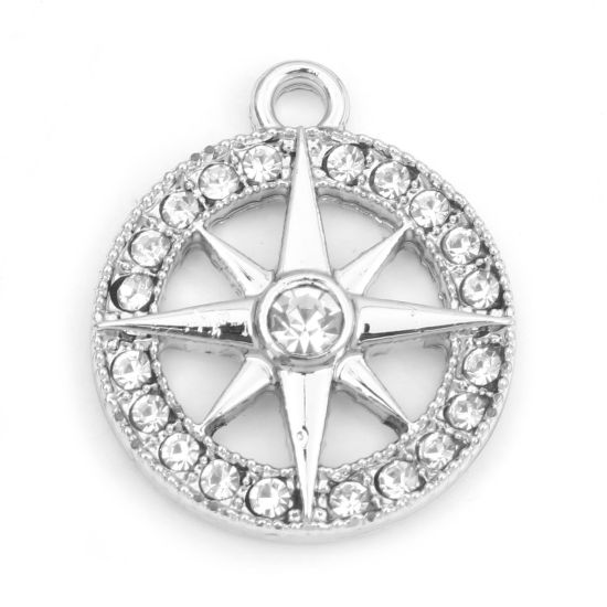 Picture of Zinc Based Alloy Micro Pave Charms Silver Tone Round Star Clear Rhinestone 21mm x 18mm, 10 PCs