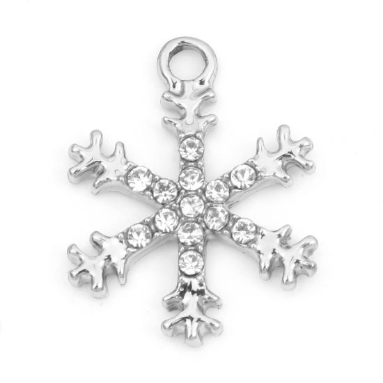 Picture of Zinc Based Alloy Micro Pave Charms Silver Tone Christmas Snowflake Clear Rhinestone 21mm x 16mm, 10 PCs