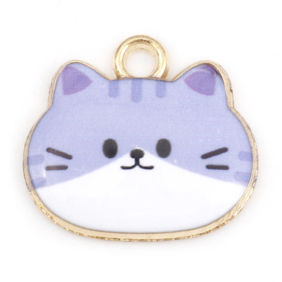 Immagine di Lega di Zinco Charms Gatto Oro Placcato Colore Viola Smalto 20mm x 18mm , 10 Pz