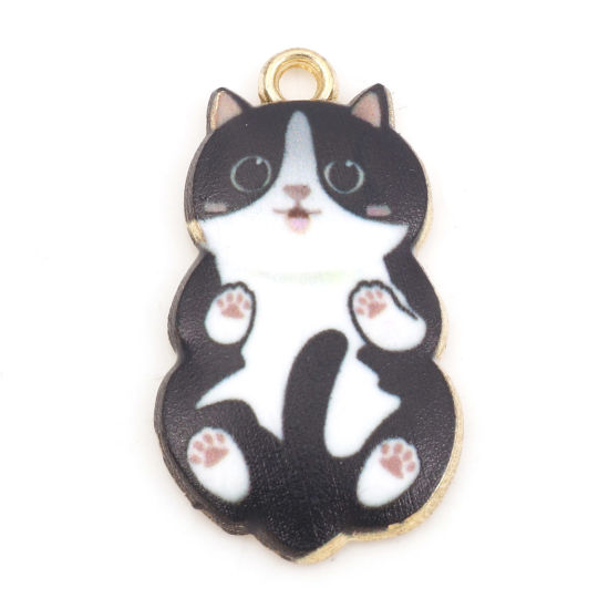 Bild von Zinklegierung Charms Katze Vergoldet Schwarz Emaille 25mm x 14mm, 10 Stück