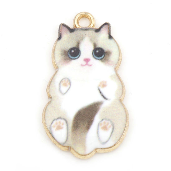 Bild von Zinklegierung Charms Katze Vergoldet Hellgelb Emaille 25mm x 14mm, 10 Stück