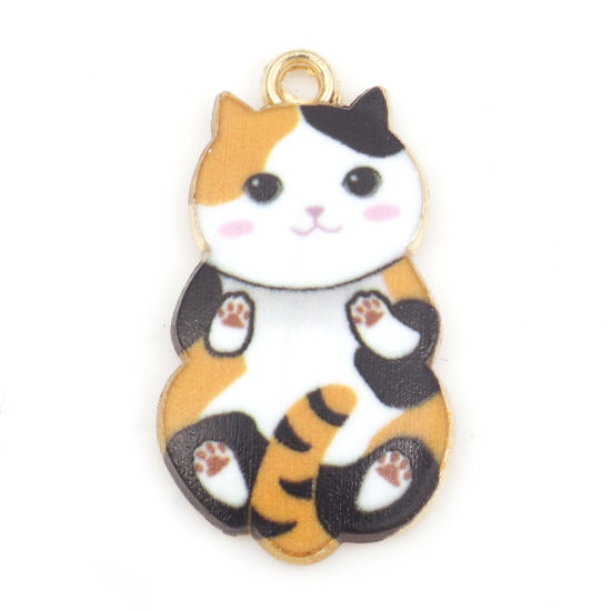 Bild von Zinklegierung Charms Katze Vergoldet Bunt Emaille 25mm x 14mm, 10 Stück