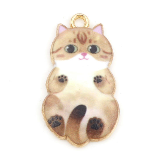 Bild von Zinklegierung Charms Katze Vergoldet Hellbraun Emaille 25mm x 14mm, 10 Stück