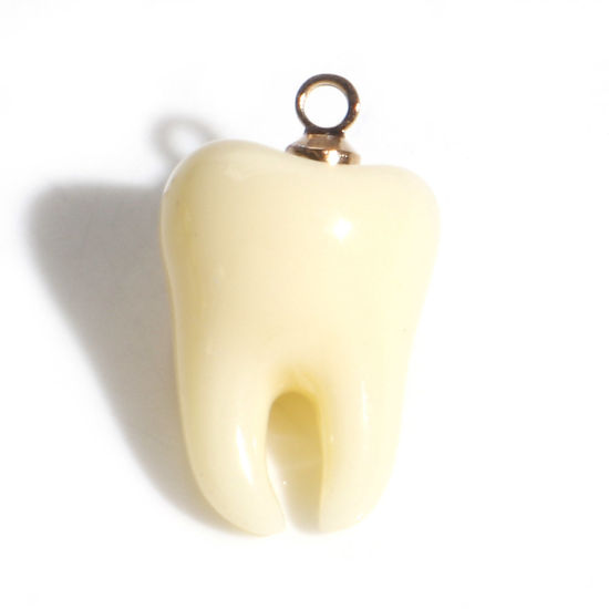 Immagine di Resina Charms Dente 3D Oro Placcato Beige 17mm x 10mm, 2 Pz