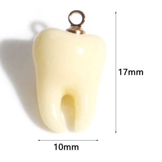 Immagine di Resina Charms Dente 3D Oro Placcato Beige 17mm x 10mm, 2 Pz