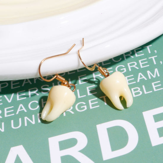 Immagine di Resina Charms Dente 3D Oro Placcato Beige 17mm x 10mm, 2 Pz