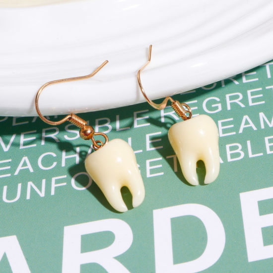 Immagine di Resina Charms Dente 3D Oro Placcato Beige 17mm x 10mm, 2 Pz