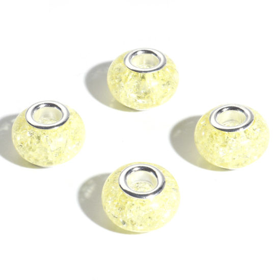 Image de Perles à Gros Trou de Style Européen en Résine Citron Rond Motif à Petites Fleurs 14mm Dia., Trou: Environ 4.6mm, 20 Pcs