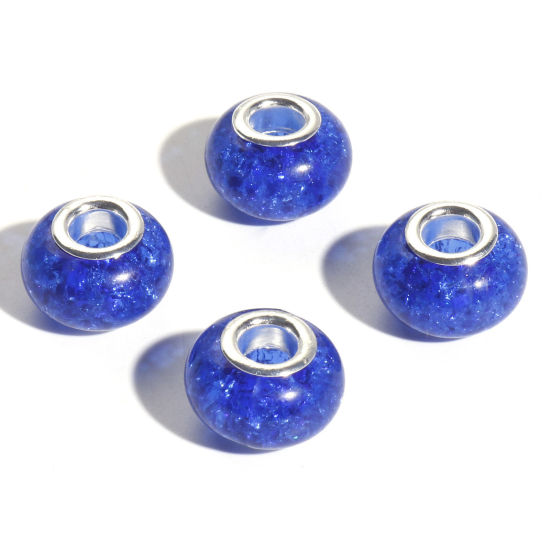 Image de Perles à Gros Trou de Style Européen en Résine Bleu Foncé Rond Motif à Petites Fleurs 14mm Dia., Trou: Environ 4.6mm, 20 Pcs