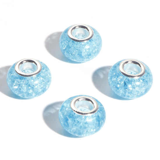 Image de Perles à Gros Trou de Style Européen en Résine Bleu Lac Rond Motif à Petites Fleurs 14mm Dia., Trou: Environ 4.6mm, 20 Pcs