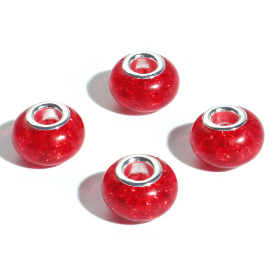 Image de Perles à Gros Trou de Style Européen en Résine Rouge Rond Motif à Petites Fleurs 14mm Dia., Trou: Environ 4.6mm, 20 Pcs