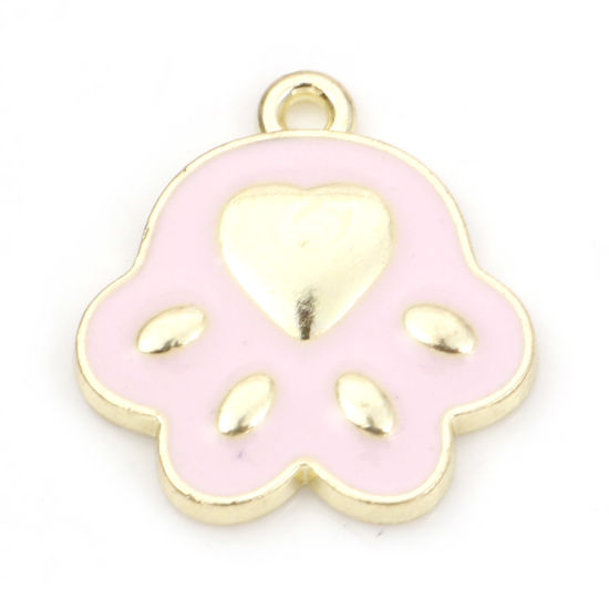 Picture of Zinc Based Alloy Pet Memorial Charms Gold Plated Pink Cat Animal Paw Claw Enamel 17mm x 16mm, 10 PCs