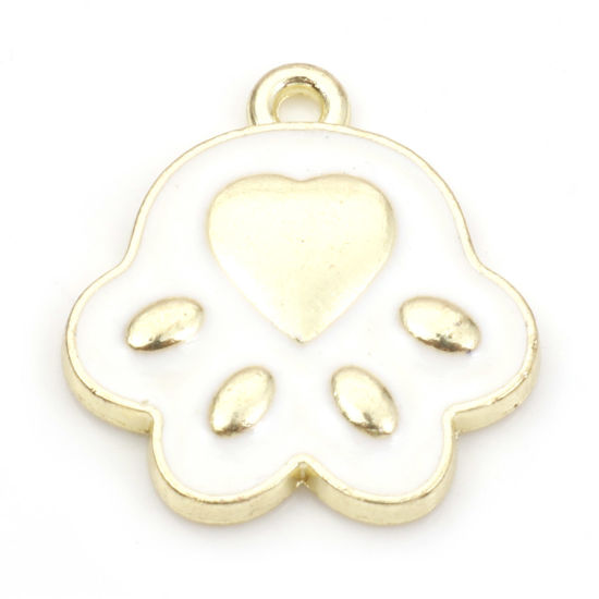 Picture of Zinc Based Alloy Pet Memorial Charms Gold Plated White Cat Animal Paw Claw Enamel 17mm x 16mm, 10 PCs