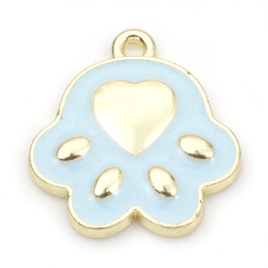 Picture of Zinc Based Alloy Pet Memorial Charms Gold Plated Blue Cat Animal Paw Claw Enamel 17mm x 16mm, 10 PCs