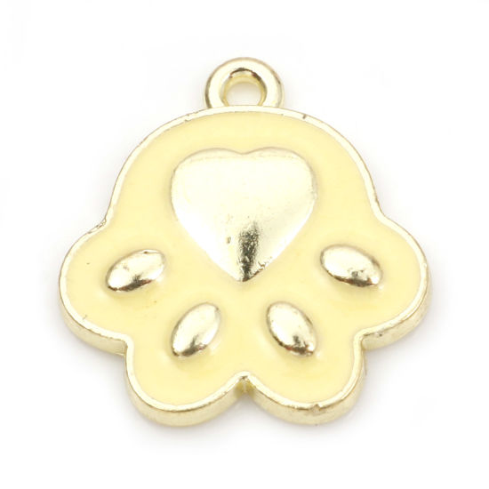 Picture of Zinc Based Alloy Pet Memorial Charms Gold Plated Yellow Cat Animal Paw Claw Enamel 17mm x 16mm, 10 PCs
