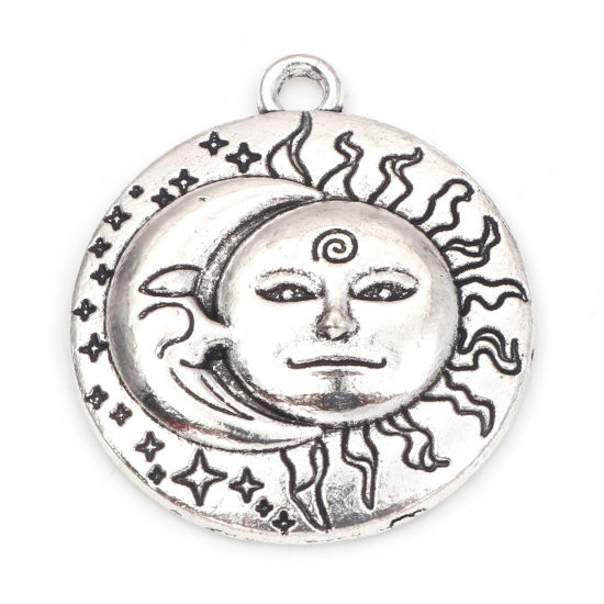 Picture of Zinc Based Alloy Galaxy Charms Antique Silver Color Round Sun And Moon Face 28.5mm x 25mm, 10 PCs