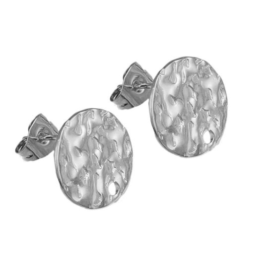 Imagen de 304 Acero Inoxidable Pendientes Ronda Tono de Plata Realce Con Lazo 10mm Diámetro, Post/ Wire Size: (21 gauge), 5 Unidades