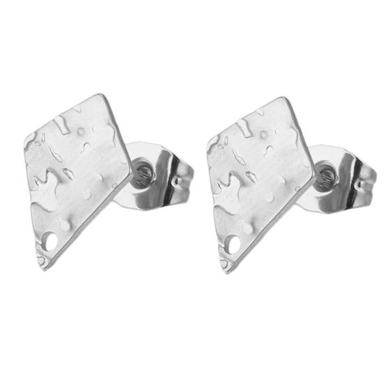 Imagen de 304 Acero Inoxidable Pendientes Diamond Tono de Plata Realce Con Lazo 12mm Diámetro, Post/ Wire Size: (21 gauge), 5 Unidades